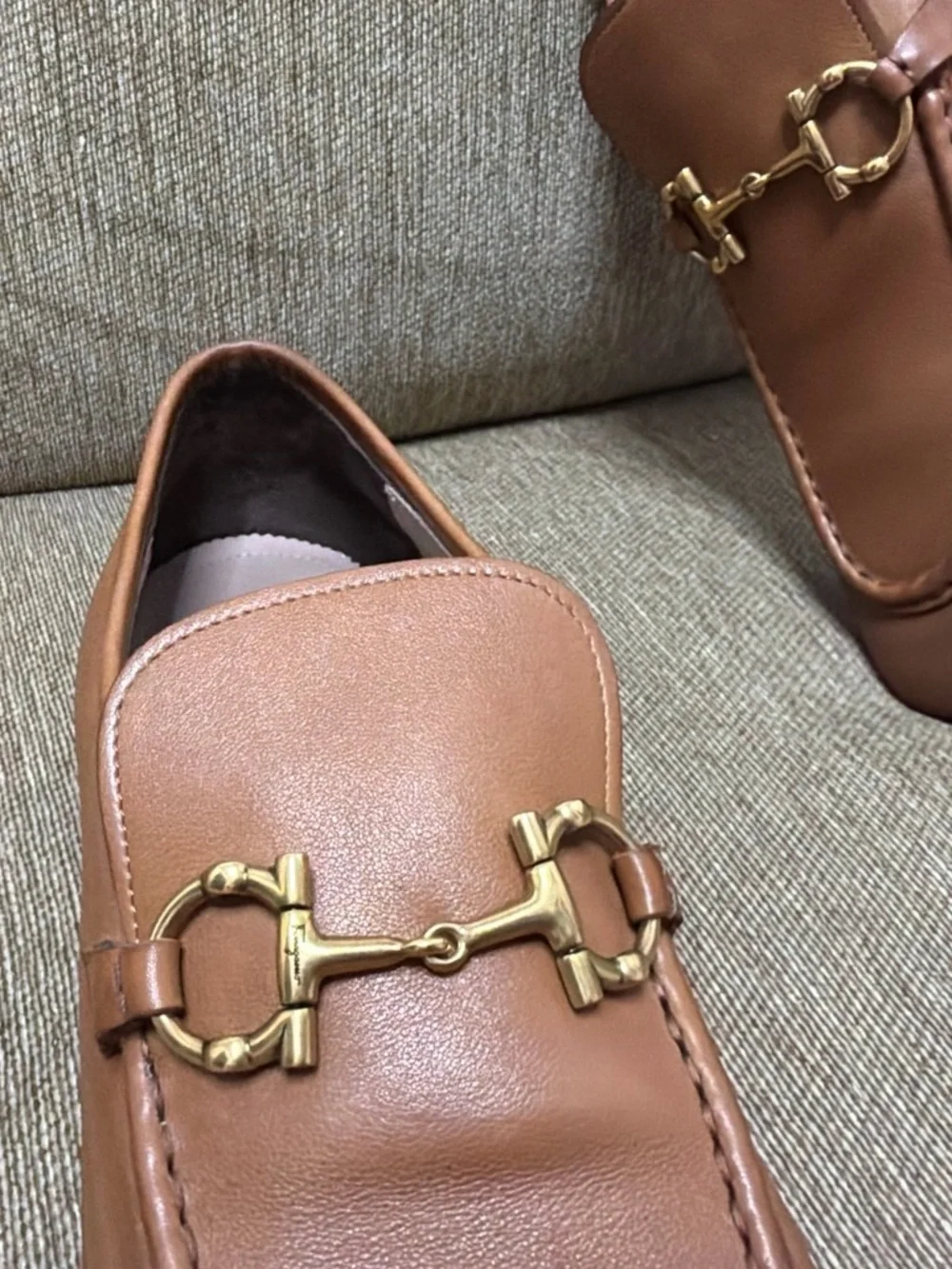 Salvatore Ferragamo Natural Brown Leather Slip-On Loafers with Gancini Buckle